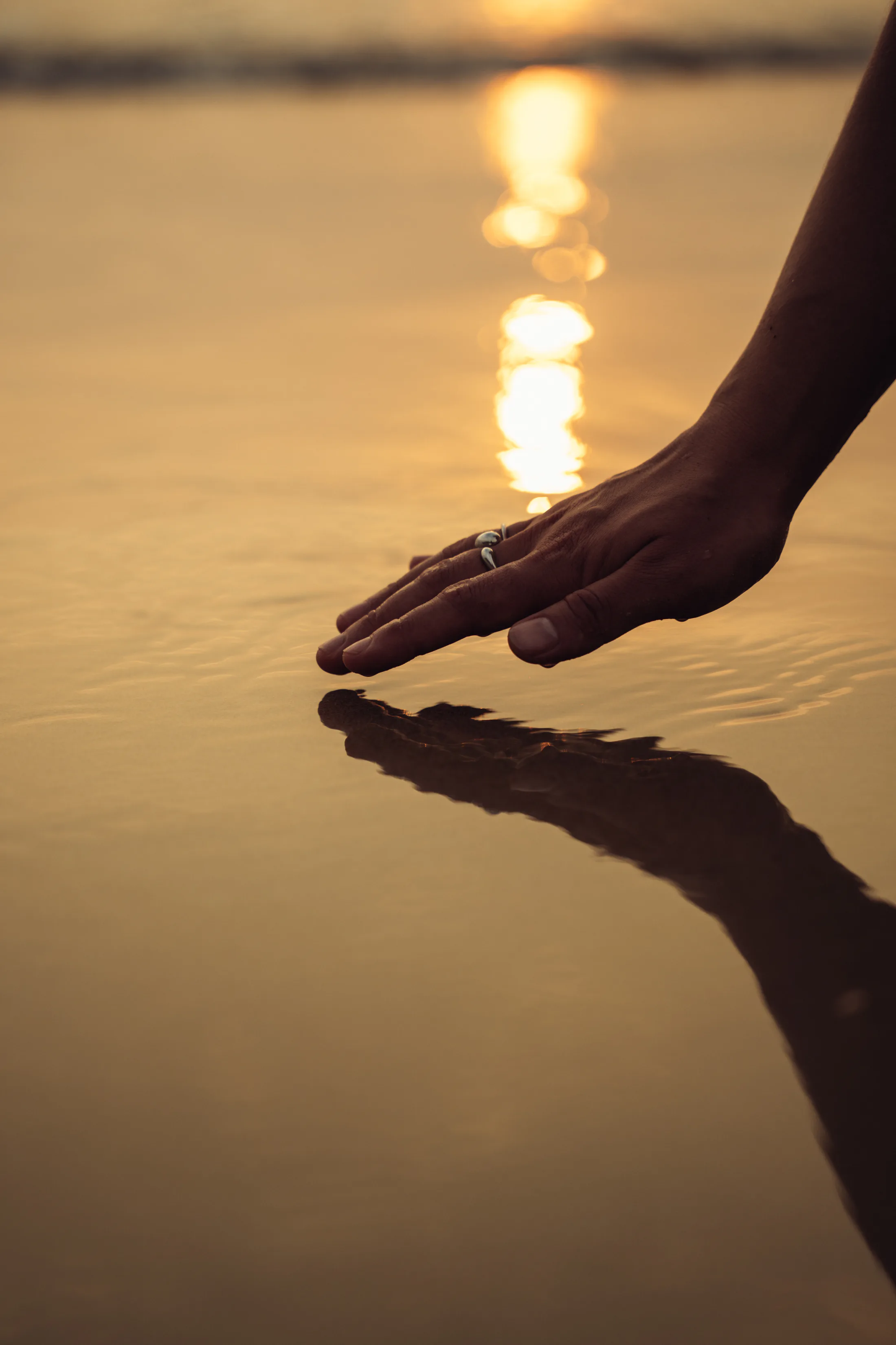 A hand touching the shoreline at sunset